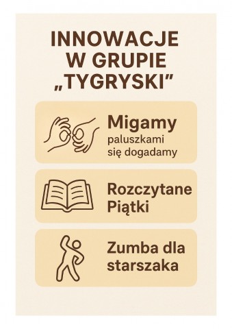 Plakat informujący o innowacjach prowadzonych w grupie Tygryski 